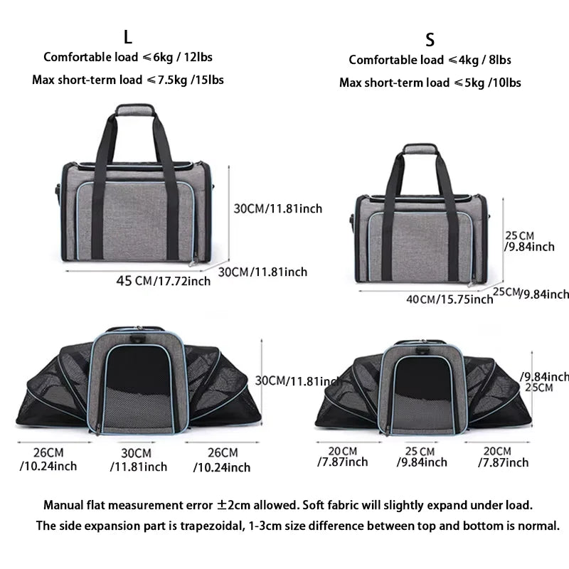 Double Expandable Cat Carrier Bag with Fold-Flat Design, S or L