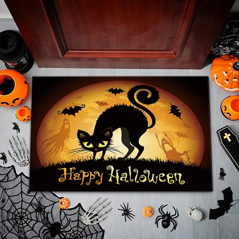 Halloween 3D Illusion Floor Mat, Skull and Pumpkin Entry Rug