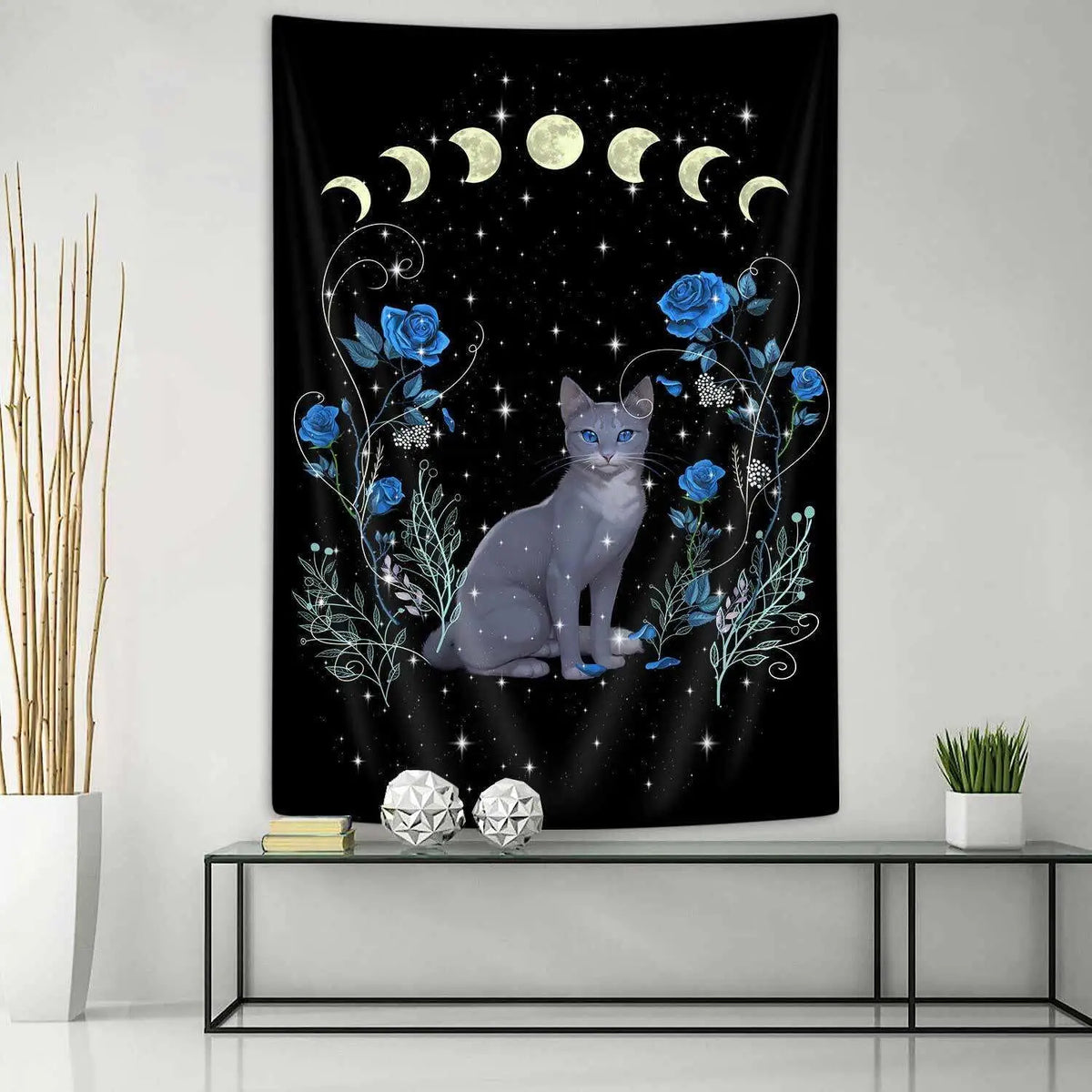 Black Cat Moon Phase Tapestry with Blue Roses, Vertical