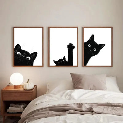 Peeking Black Cat Canvas Print, Minimalist Funny Cat Face Wall Art