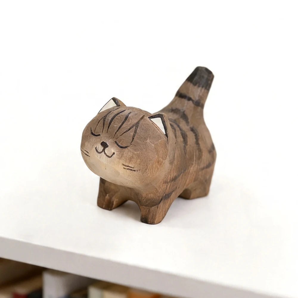 Hand-Carved Wooden Cat Figurine, 8 Breeds in Painted Basswood