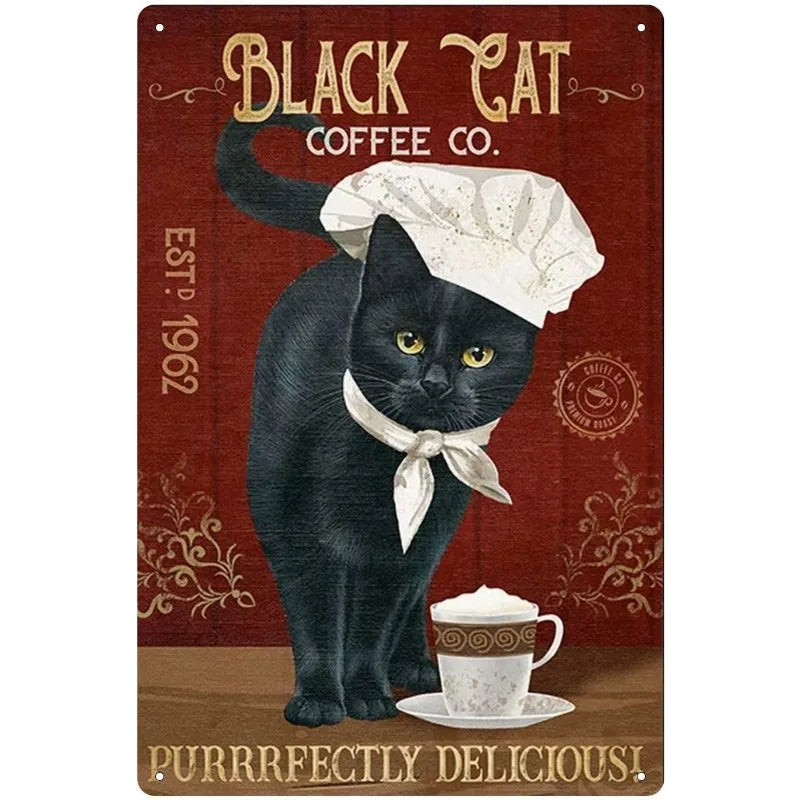 Coffee Cat Tin Sign, Retro Metal Kitchen and Cafe Wall Decor