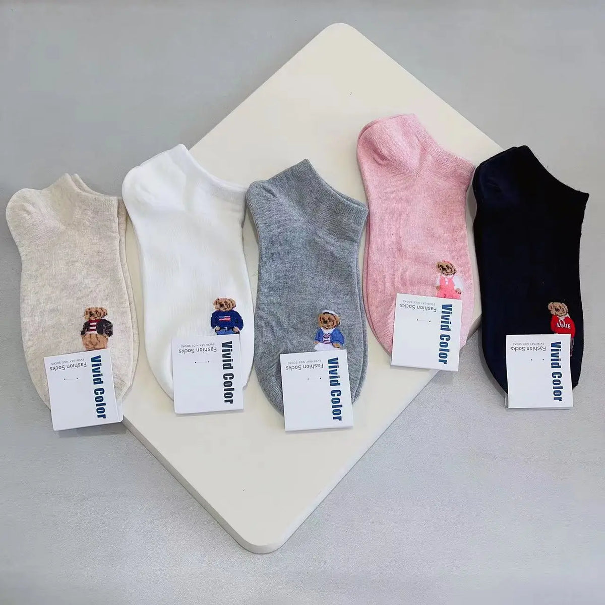 Cute Cartoon Bear Socks for Women, Cotton Blend Ankle Socks