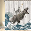 Funny Cat Riding a T-Rex Shower Curtain, Japanese Wave Decor