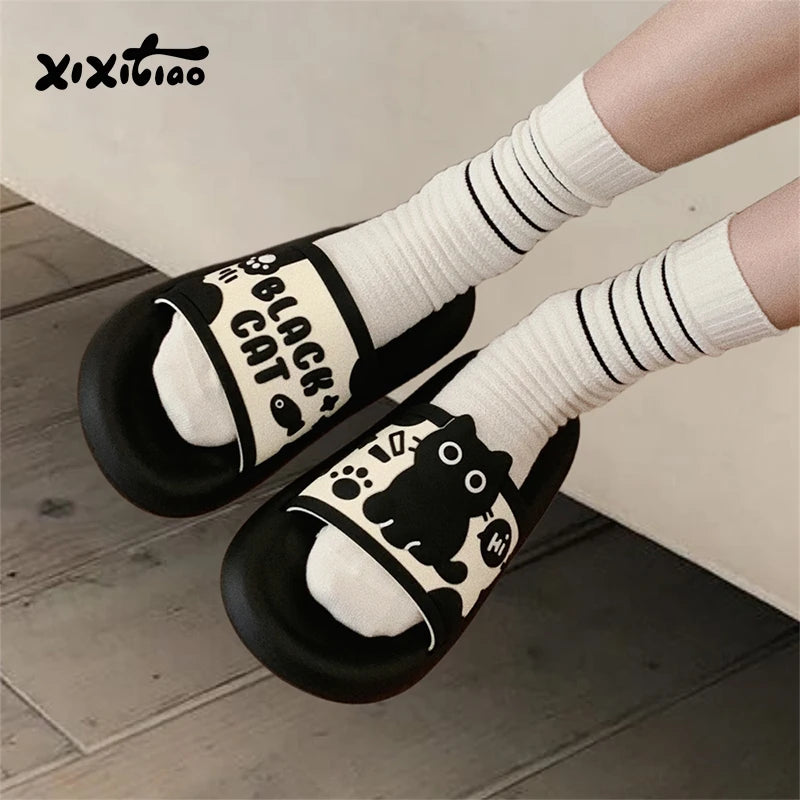 Black Cat Shower Slides for Women, Thick Cushioned EVA Sole