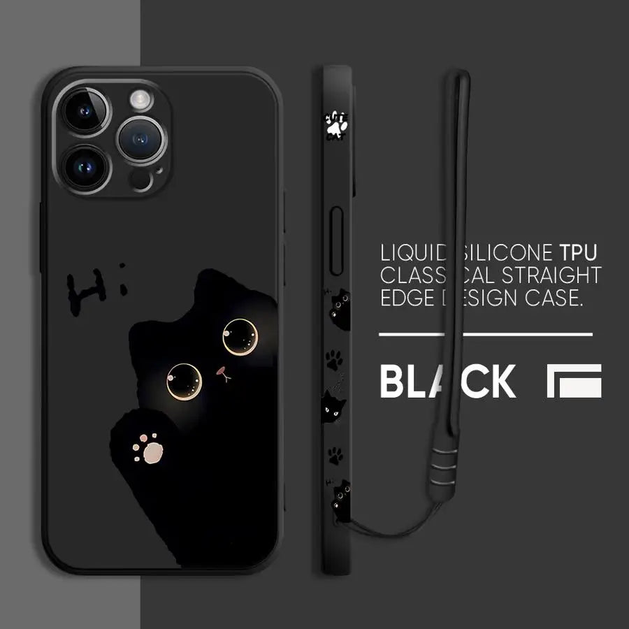 Peeking Black Cat Phone Case With Side Paw Print Design and Wrist Lanyard