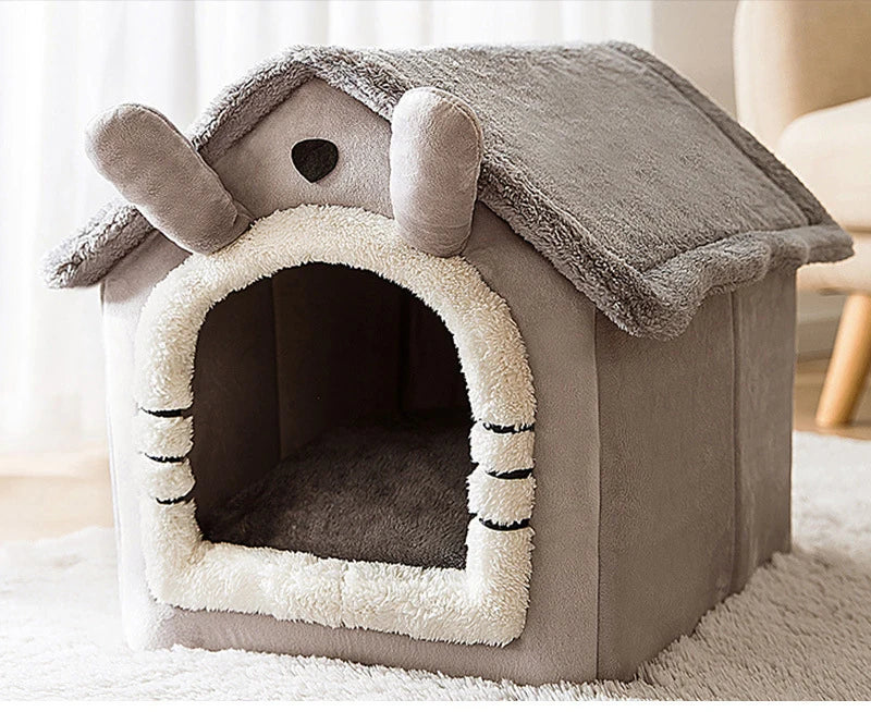 Shaggy Roof Cat House Bed with Fluffy Faux Fur Trim