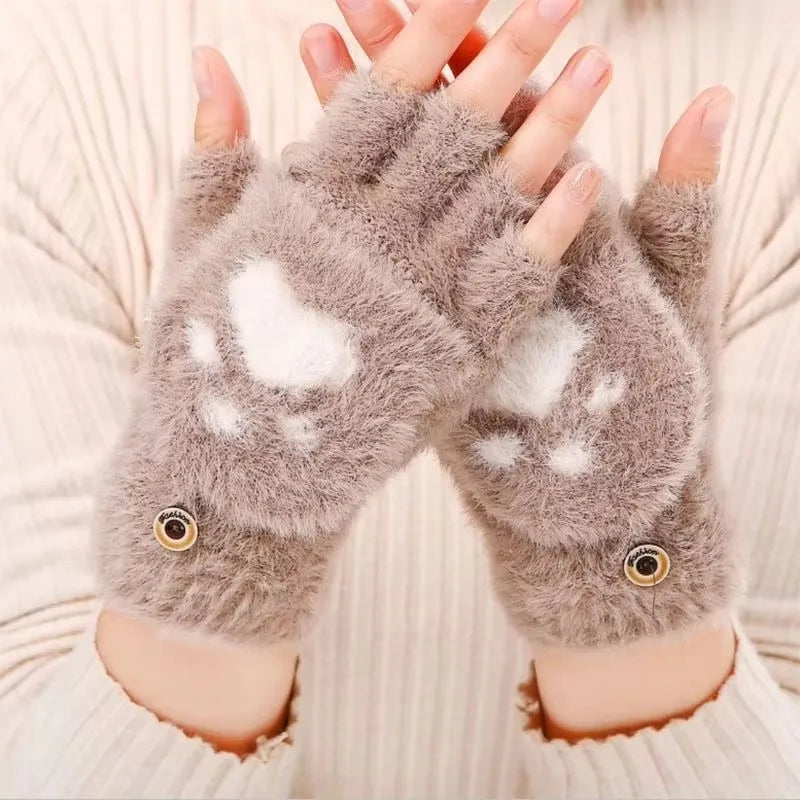 Fluffy Cat Claw Gloves for Women, Short Half-Finger Winter Gloves