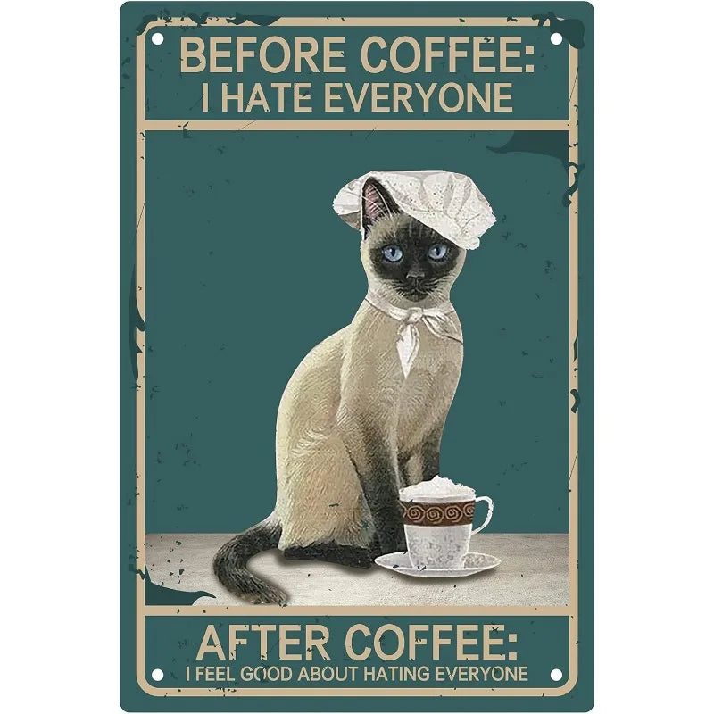 Coffee Cat Tin Sign, Retro Metal Kitchen and Cafe Wall Decor