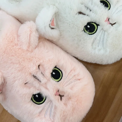 Cat Print Plush House Slippers, Warm Flannel Winter Shoes