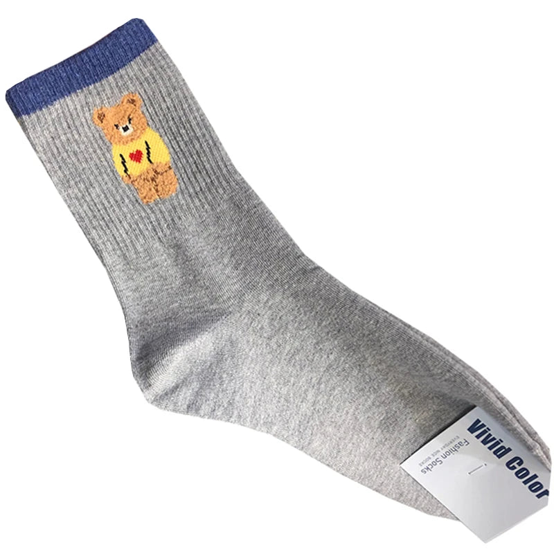 Cute Cartoon Bear Socks for Women, Cotton Blend Ankle Socks