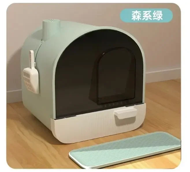 Cabin-Style Enclosed Cat Litter Box With Pull-Out Drawer and Paw Mat
