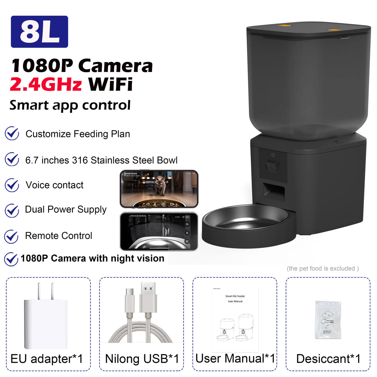 8L Automatic Cat Feeder With 1080p Camera, Wi-Fi App Control and Night Vision
