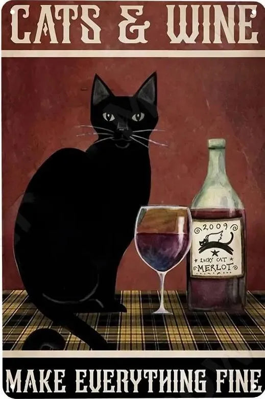 Cats and Wine Vintage Metal Sign, 8 x 12 Inch Bar Wall Decor