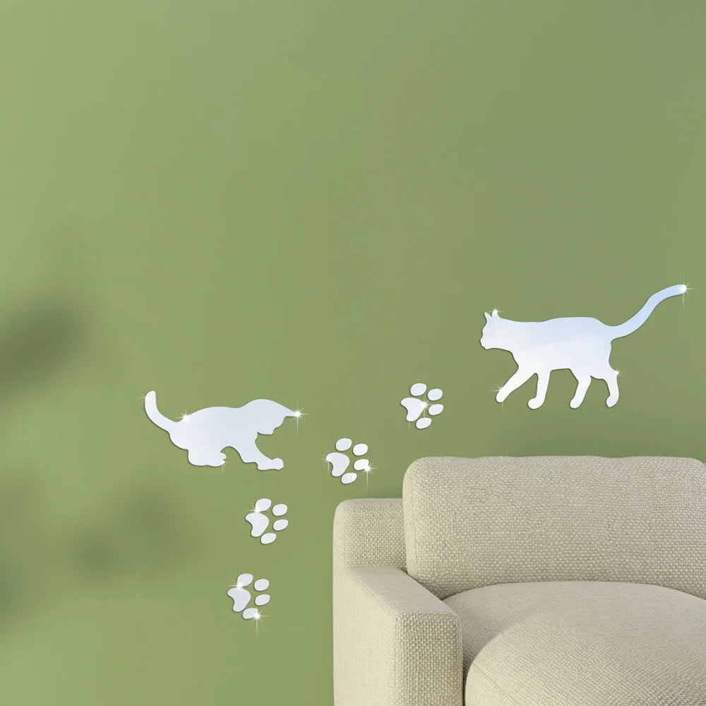 Cat Mirror Wall Stickers, Acrylic Cat Silhouettes with Paw Prints
