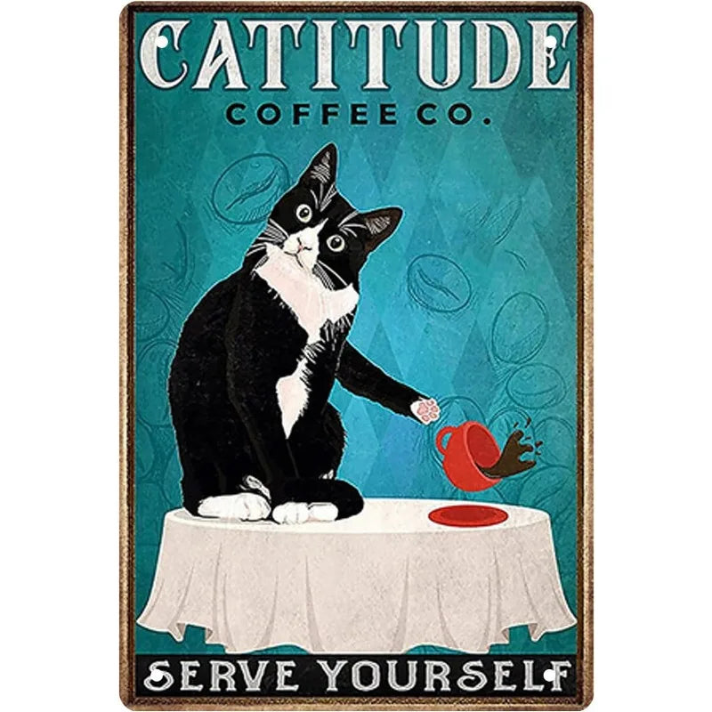 Coffee Cat Tin Sign, Retro Metal Kitchen and Cafe Wall Decor
