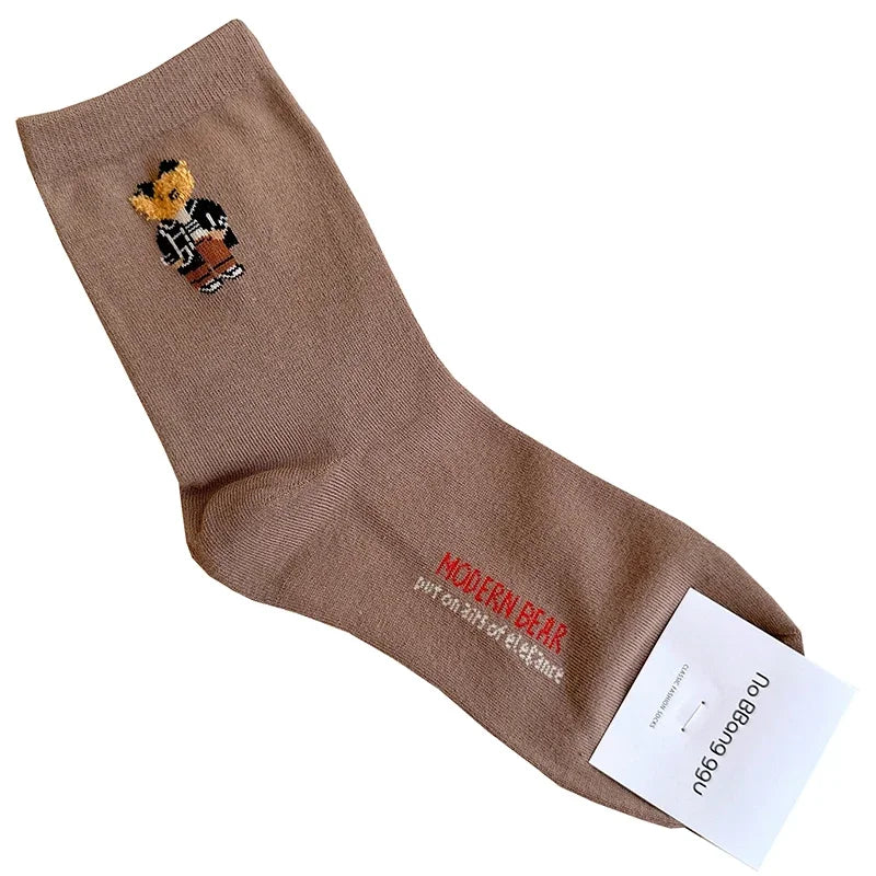 Cute Cartoon Bear Socks for Women, Cotton Blend Ankle Socks