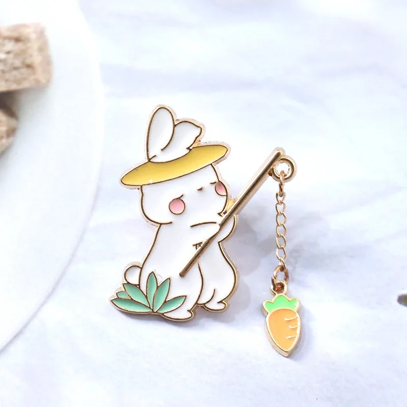 Cat Fishing Enamel Pin with Dangling Fish Charm, Cute Cat Brooch