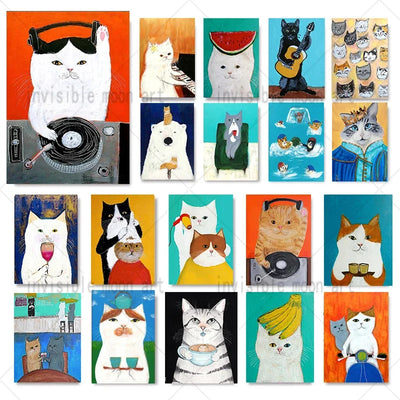 Funny Cartoon Cat Canvas Prints, DJ, Guitar, Haircut and Drinking Cat Wall Art