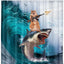Funny Cat Riding a Shark Shower Curtain, Ocean Wave Bath Decor