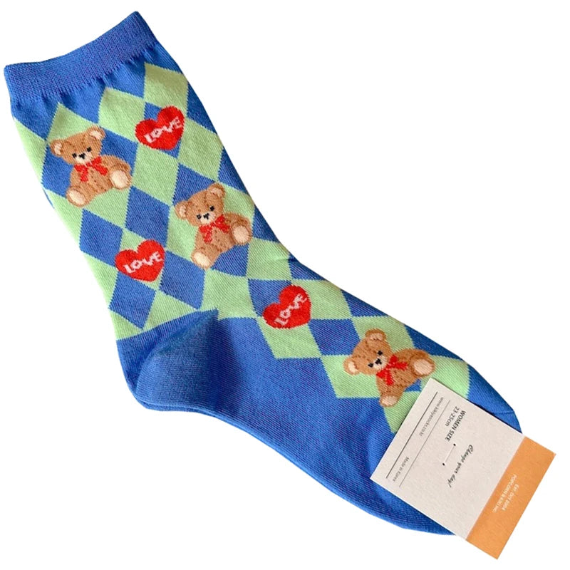 Cute Cartoon Bear Socks for Women, Cotton Blend Ankle Socks