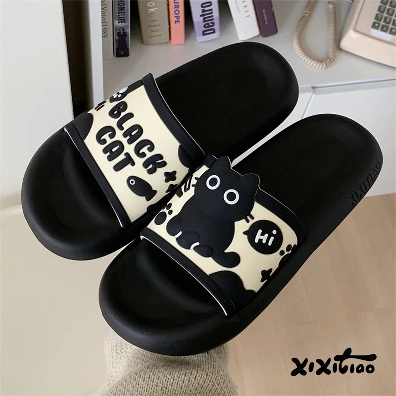 Black Cat Shower Slides for Women, Thick Cushioned EVA Sole