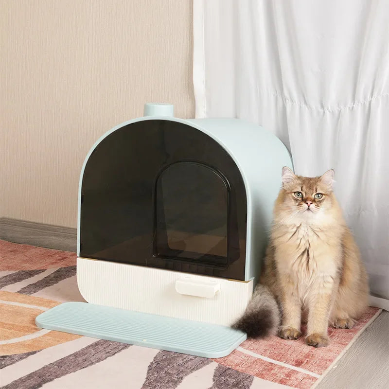 Cabin-Style Enclosed Cat Litter Box With Pull-Out Drawer and Paw Mat