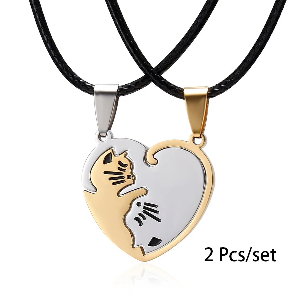 Matching Cat Couple Necklaces, 2-Piece Interlocking Gold and Silver-Tone Pendants