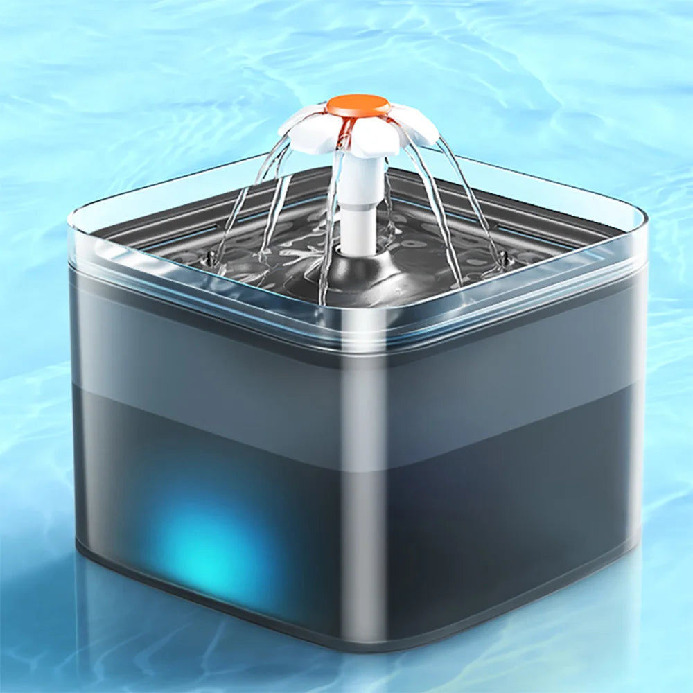 2L Cat Water Fountain With LED Light, Square Blue Fountain With Flower Spout