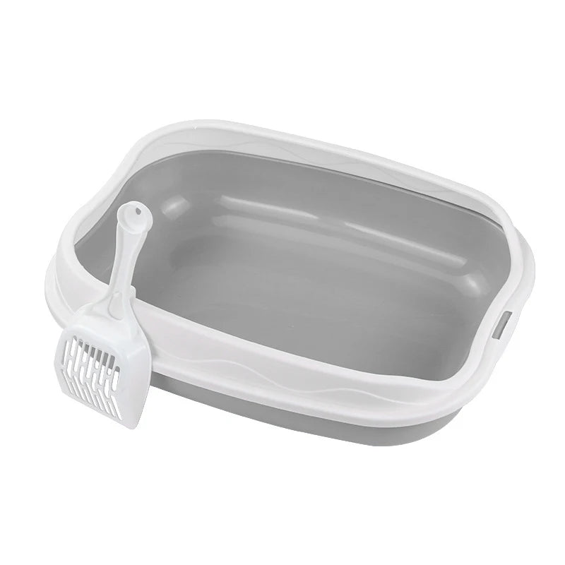 Semi-Open Cat Litter Box With Scoop Hook and Litter Step, Gray