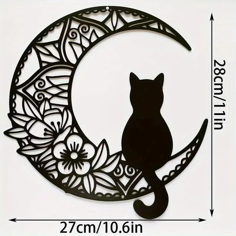 Black Cat on the Moon Metal Wall Art, Floral Crescent Decor