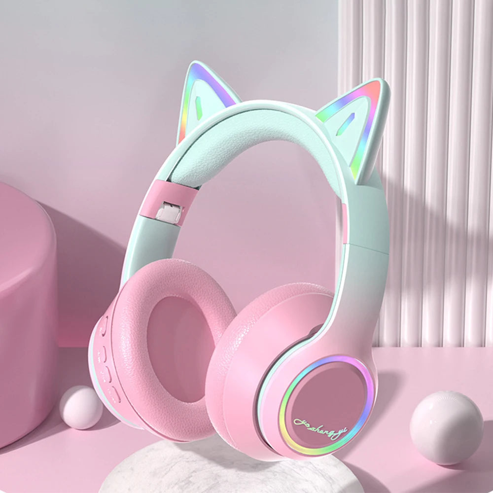 QearFun Cat Wallet Bluetooth Headphones – Cute Cat Ear Wireless Headset with Colorful LED Lights, Mic & Foldable Design
