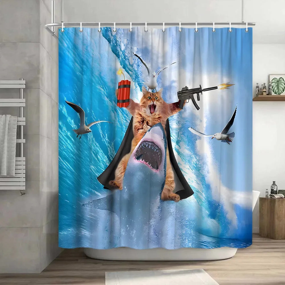 Funny Cat Riding a T-Rex Shower Curtain, Japanese Wave Decor