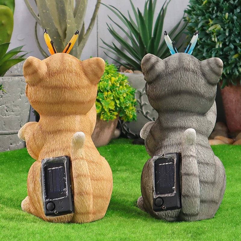 Solar Garden Cat Statue with Butterfly Light, Orange Tabby Kitten