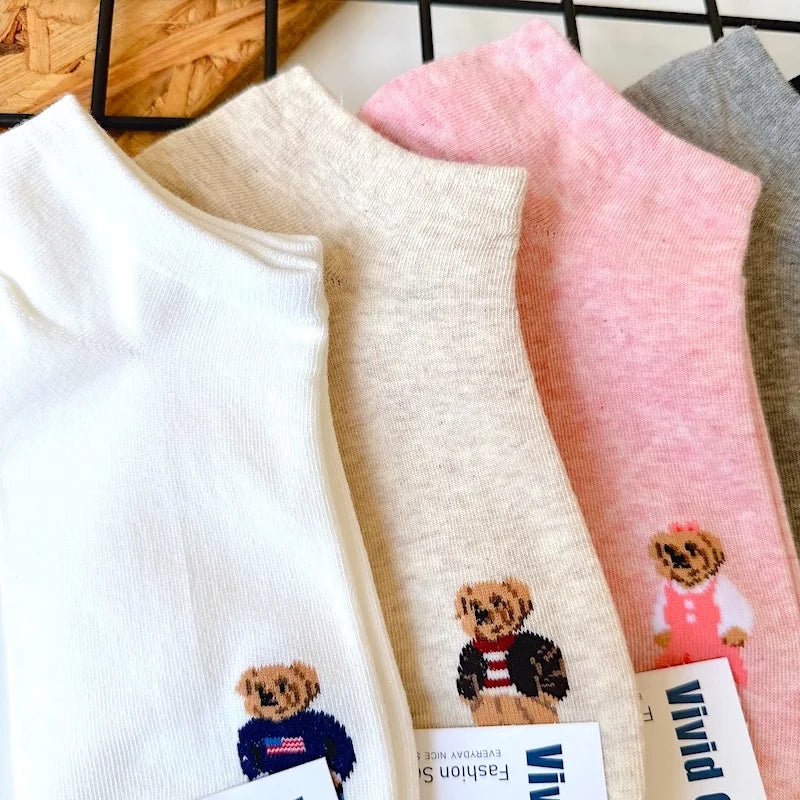 Cute Cartoon Bear Socks for Women, Cotton Blend Ankle Socks