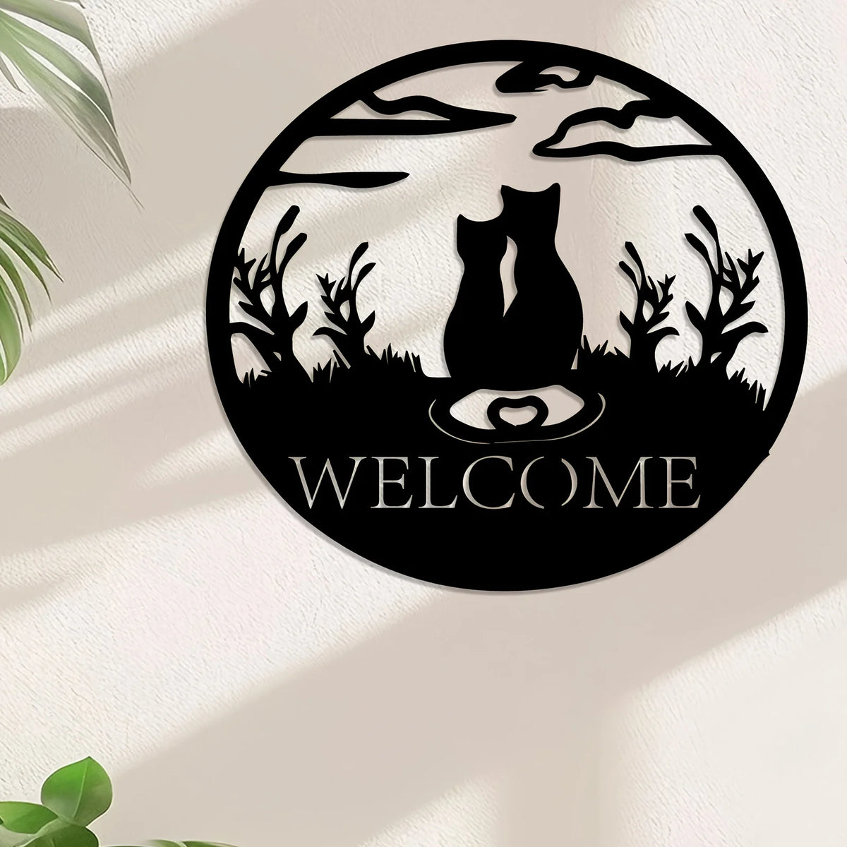 Two Cats Welcome Metal Sign, Black Cat Silhouette Wall Art