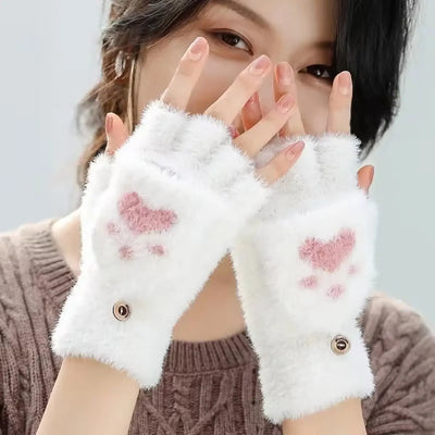 Fluffy Cat Claw Gloves for Women, Short Half-Finger Winter Gloves