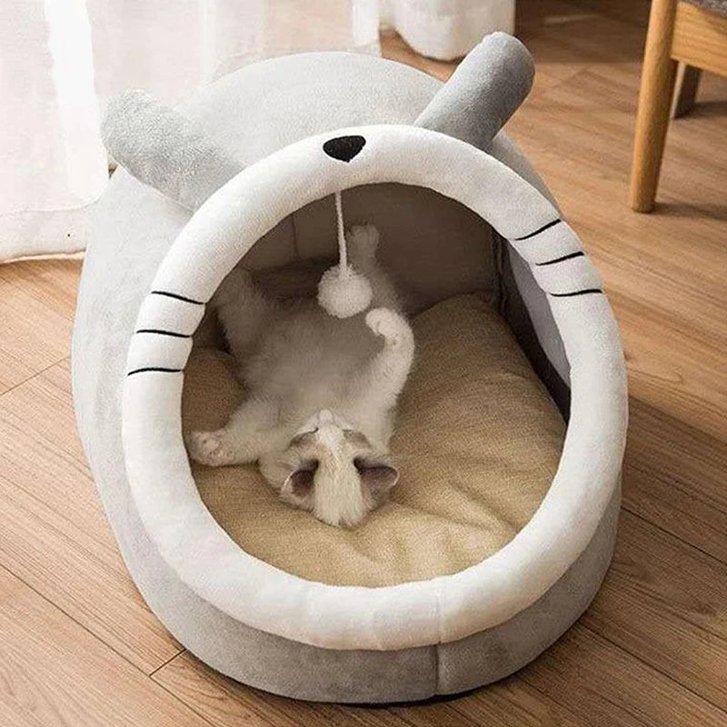 Cat Tent Cave Bed with Reversible Cushion and Pom-Pom