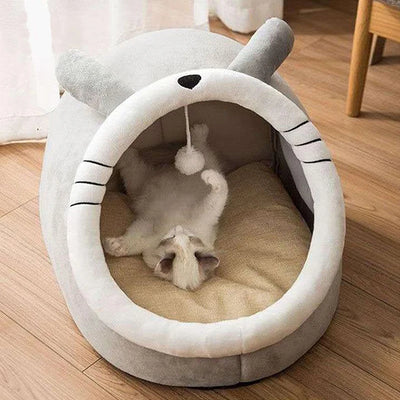 Cat Tent Cave Bed with Reversible Cushion and Pom-Pom
