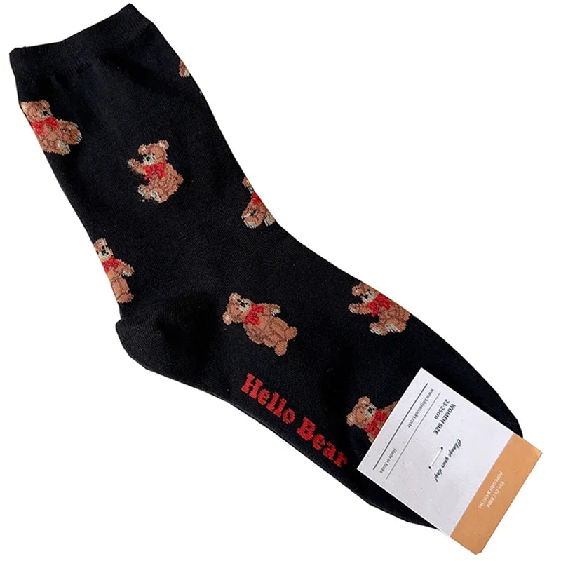 Cute Cartoon Bear Socks for Women, Cotton Blend Ankle Socks