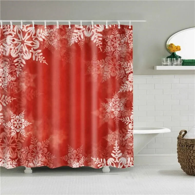 Christmas Shower Curtain with Snowman and Santa, Hooks Included