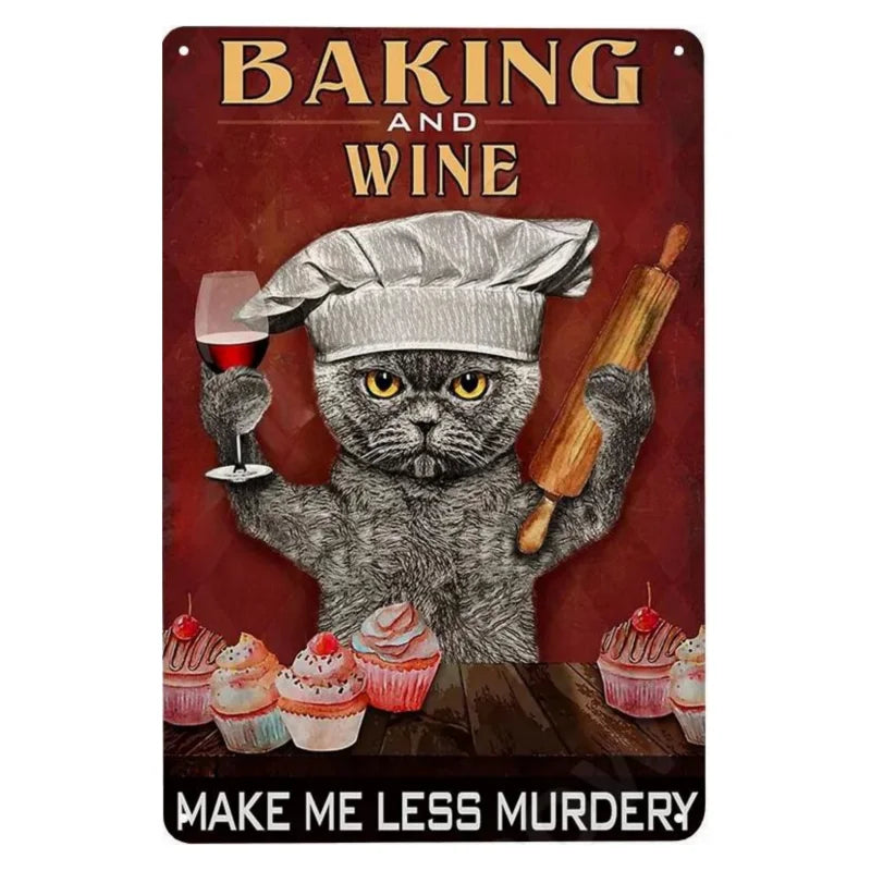 Cats and Wine Vintage Metal Sign, 8 x 12 Inch Bar Wall Decor