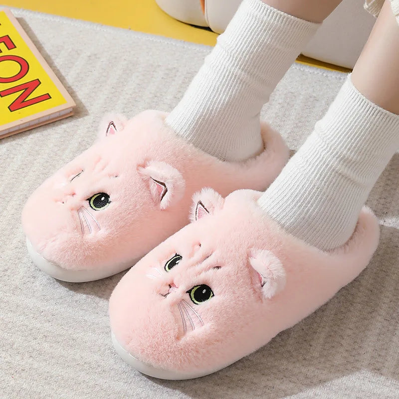 Cat Print Plush House Slippers, Warm Flannel Winter Shoes