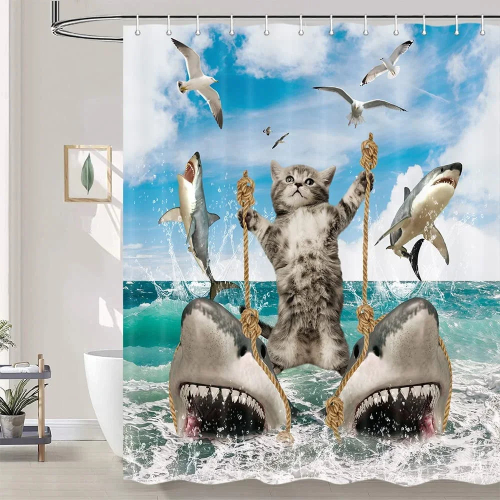 Funny Cat Riding a Shark Shower Curtain, Ocean Wave Bath Decor