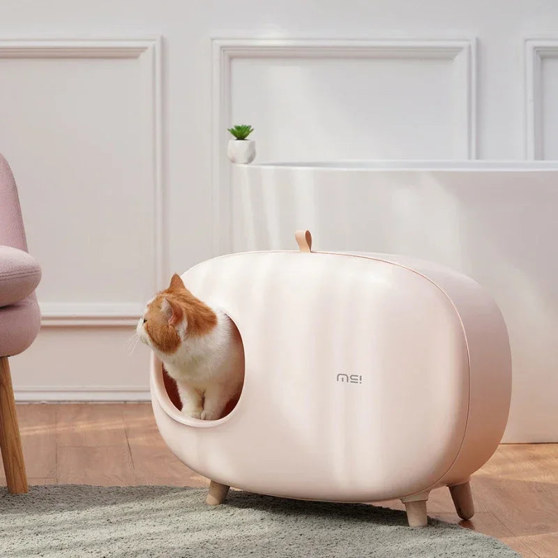 Mochi Shaped Enclosed Cat Litter Box, Rounded Covered Litter Box on Wooden Legs