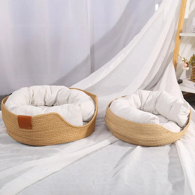 Hand-Woven Cat Bed with Soft Cushion for Indoor Cats