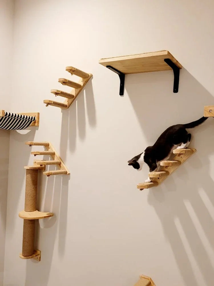 Wall-Mounted Cat Climbing Shelf Set with Bridge and Hammock