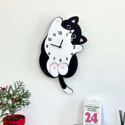 Tuxedo Cat Wall Clock With Swinging Tail, Playful Cartoon Cat Clock