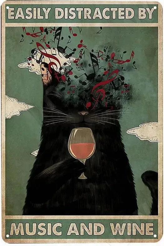 Cats and Wine Vintage Metal Sign, 8 x 12 Inch Bar Wall Decor