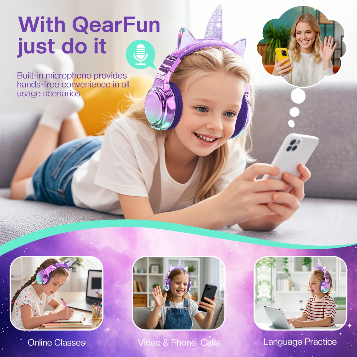QearFun Cat Wallet Kids Bluetooth Headphones – Cat Ear & Unicorn Wireless Headset with Volume Limiting, 40mm Drivers & Mic